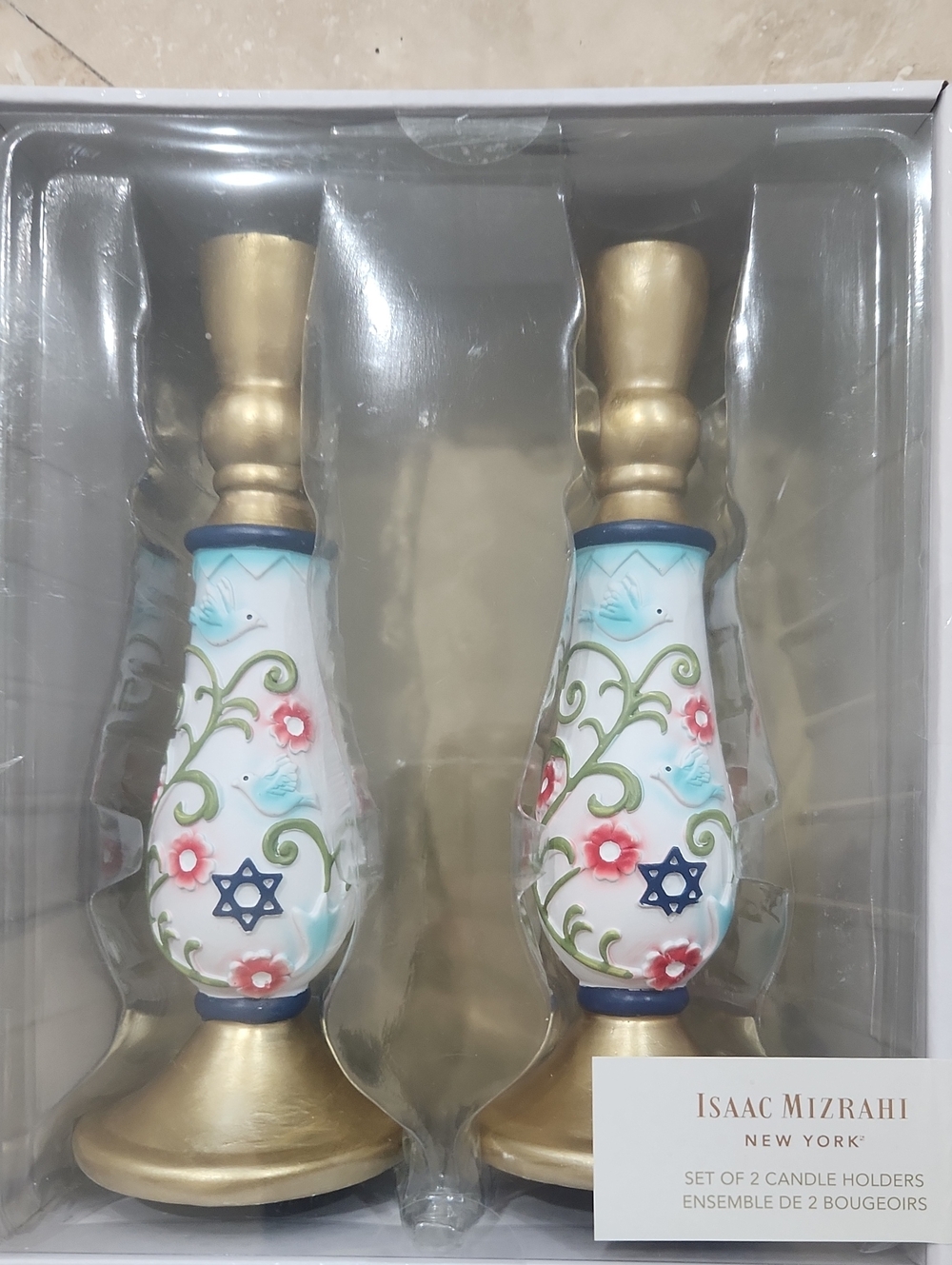 Isaac Mizrahi White, Blue, Gold Ceramic Candle Holders (Pair)